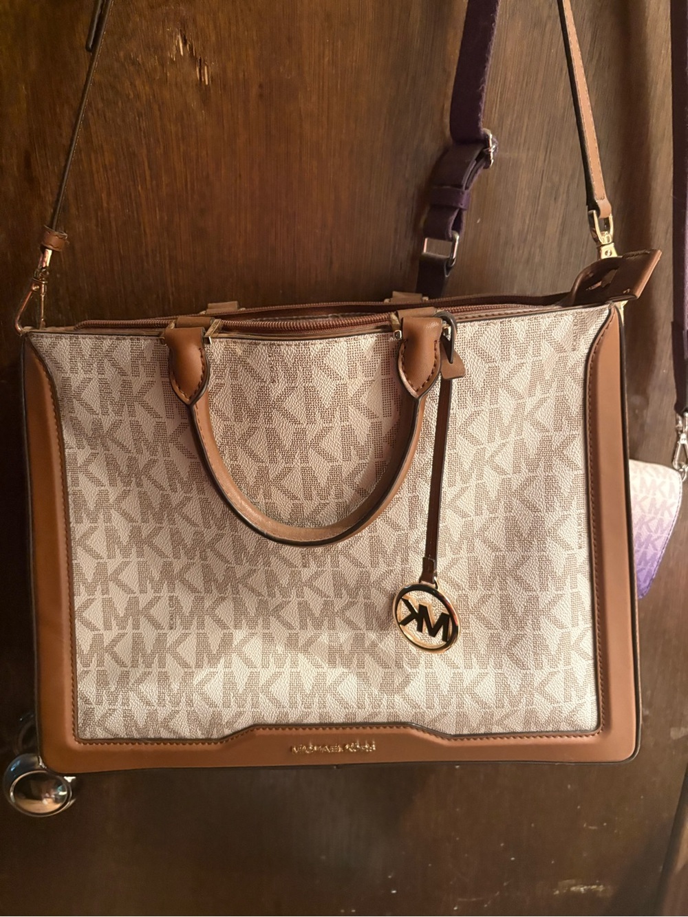 Michael Kors Beige and Brown MK Logo Satchel with Gold Charm